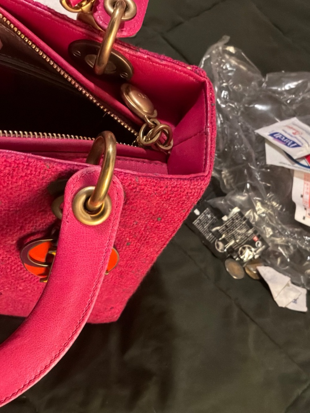 Pink tweed Lady Dior with multicolor charms and fabric - Picture 11 of 14